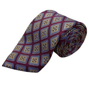 Jz Richards Mens Burgundy & Blue Silk Geometric Pattern Tie